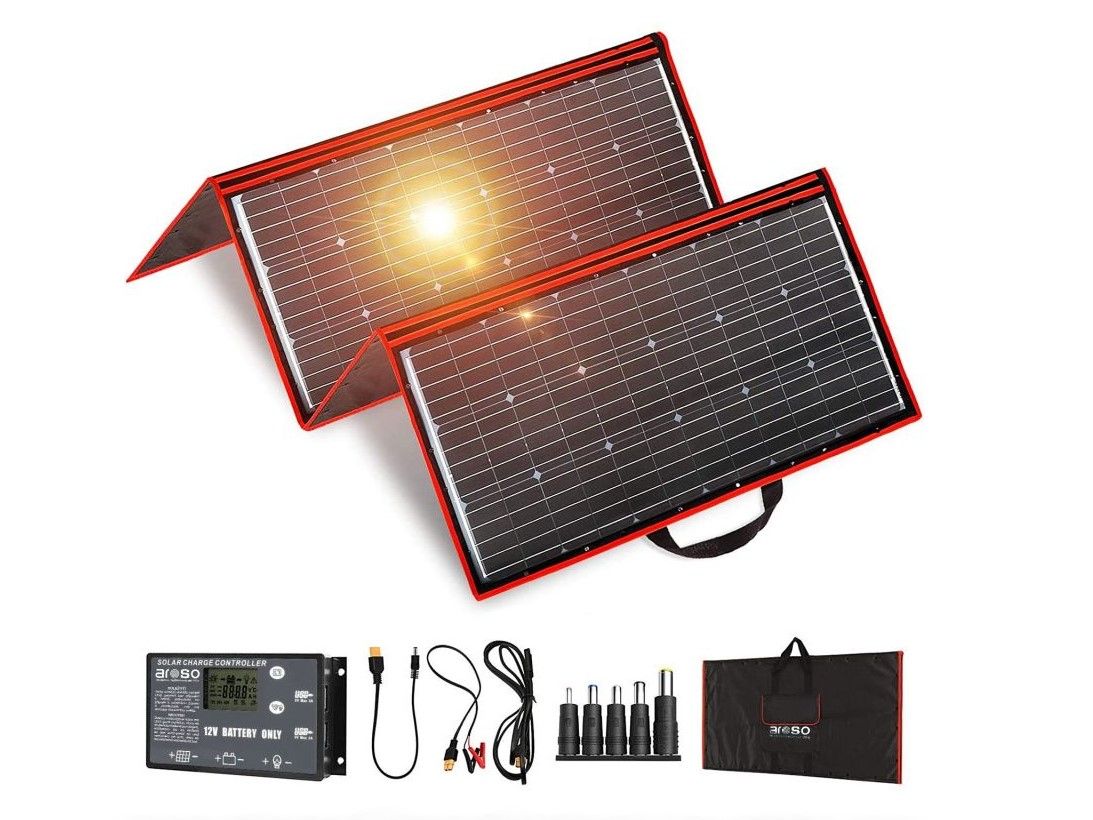 Náhled produktu - Solární panel rozkládací přenosný s PWM regulátorem 220W 12V/24V 212x73cm - do auta / na kempování