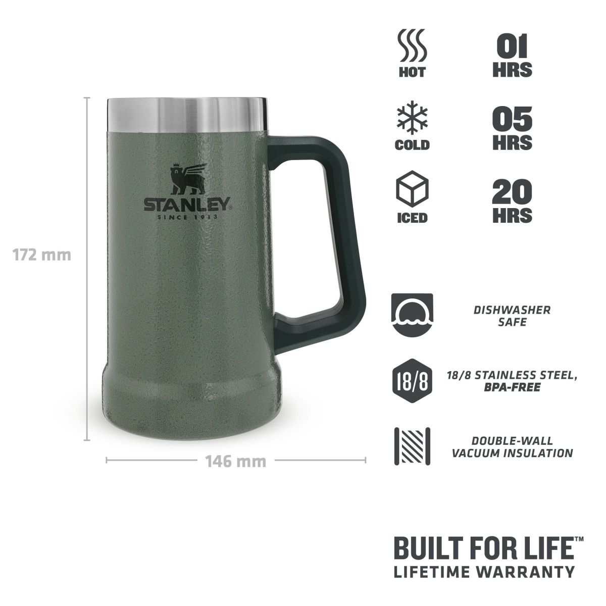 Náhled produktu - STANLEY Korbel na pivo The Big Grip Beer Stein 700 ml/24oz Hammertone Green
